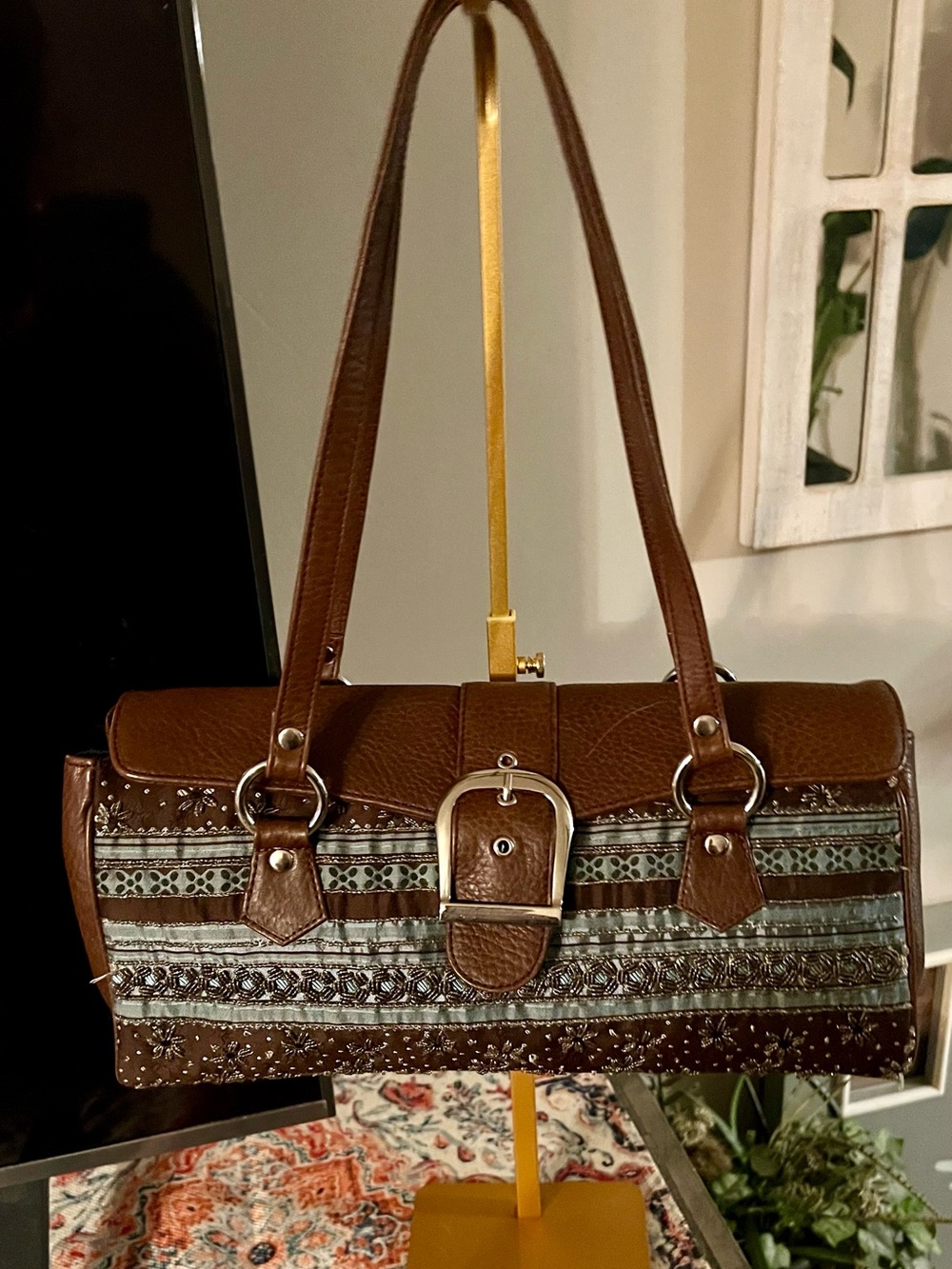 ISABELLA FIORE vintage Brown Embroidered Shoulder Bag with Buckle Accent